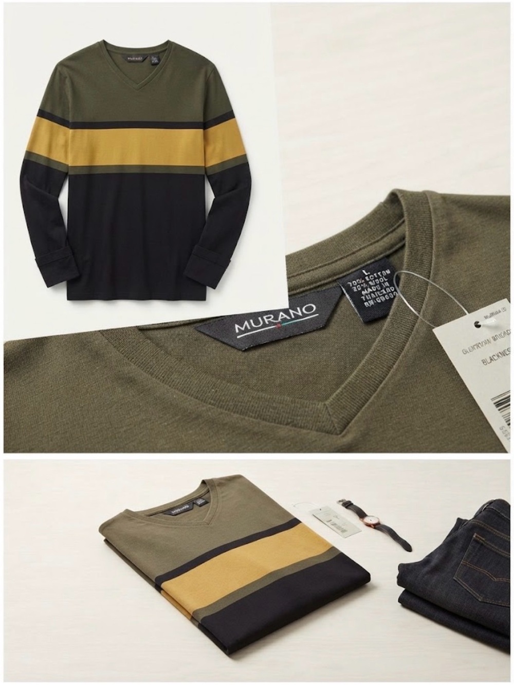 Murano Men's Olive, Black & Mustard V-Neck Stripe Sweater